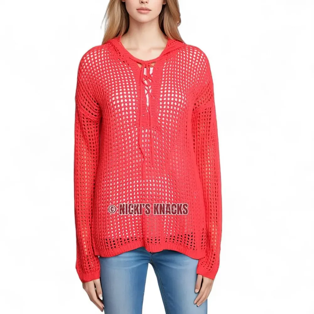 Mododoc Pointelle Open Stitch Hooded Lace-Up Sweater Neon Coral Size M